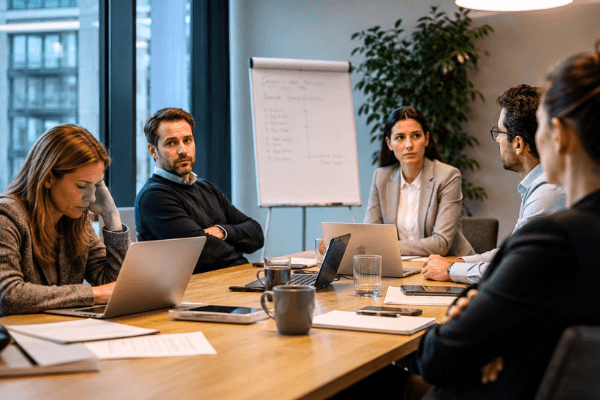 VIer Personen sitzen am Tisch und wirken angespannt und genervt