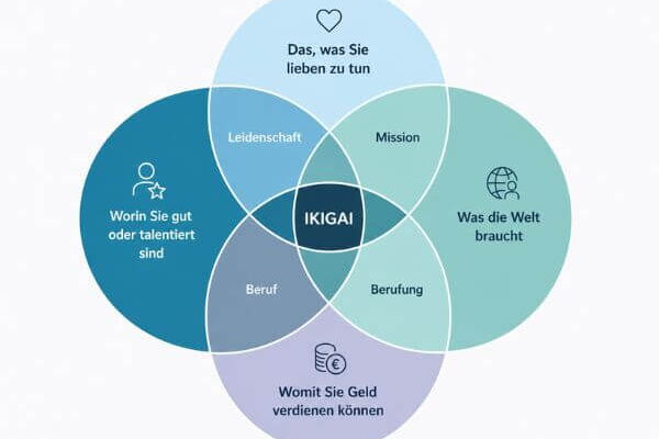 Diagramm des Ikigai-Modells mit Leidenschaft, Mission, Beruf und Berufung als Weg zu Sinn und Erfüllung.