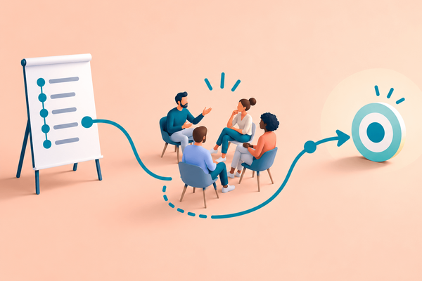 Illustration einer Trainingsgruppe im Austausch zwischen Flipchart und Ziel – Symbol für flexible Trainingssteuerung