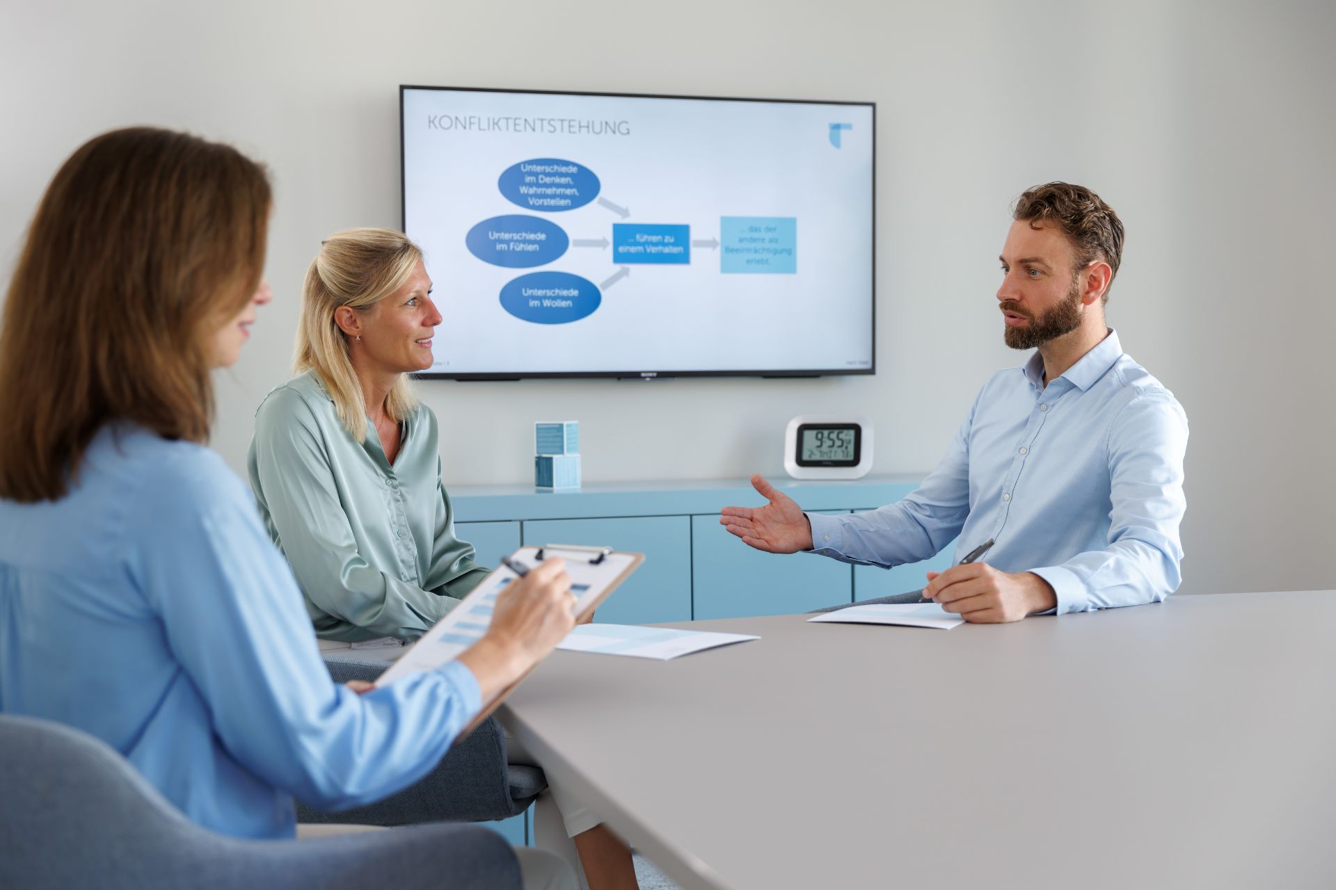 Drei Personen in einem Gesprächstraining zum Thema Konfliktmanagement, mit Präsentation zur Konfliktentstehung im Hintergrund.