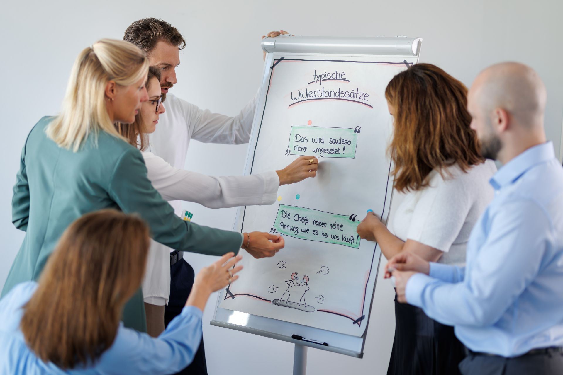 Personen arbeiten im Change-Training interaktiv an Flipchart mit typischen Widerstandssätzen