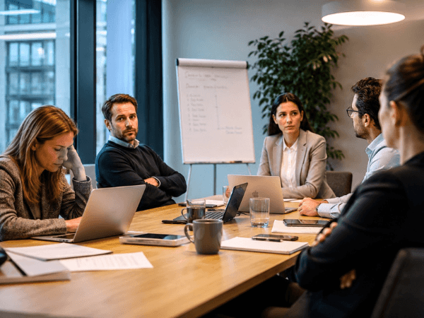 VIer Personen sitzen angespannt und genervt im Meeting